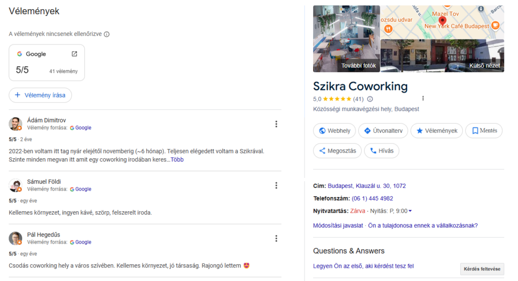 szikra coworking google vélemények